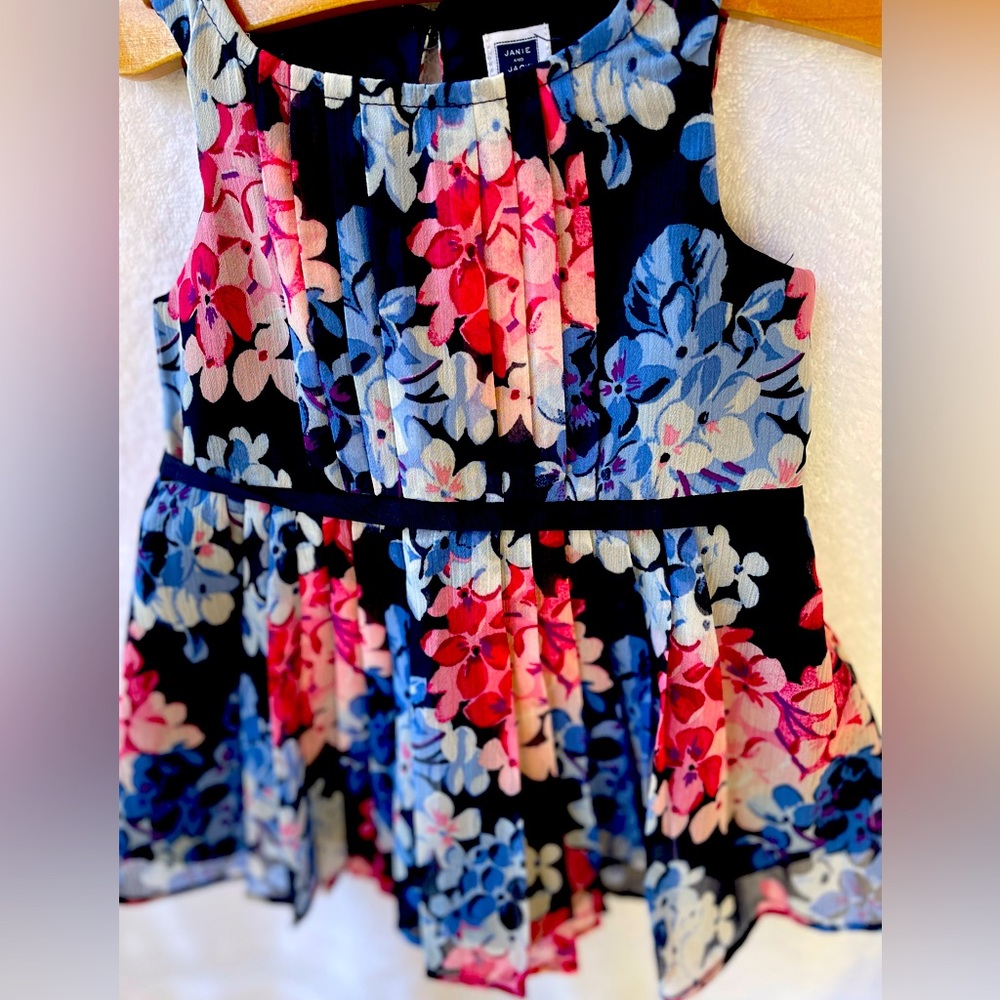 Janie and Jack floral, pink, blue, navy lined dress, size 3-5 months